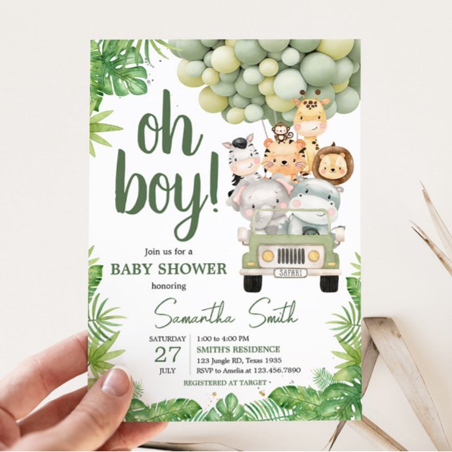 Convites Oh Boy Jungle Safari Chá de fraldas (Safari Truck Balloons Baby Shower Invitation)