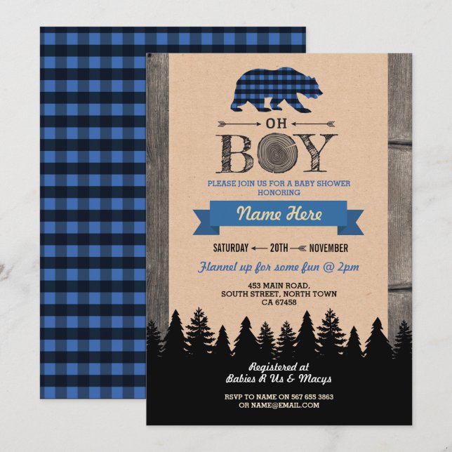 Convites Oh Boy Lumberjack Chá de fraldas Blue Bear Convide (Frente/Verso)