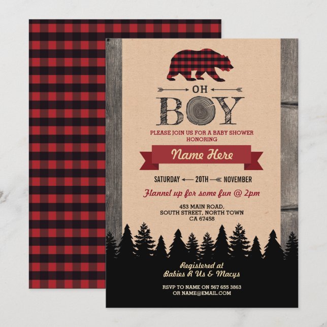 Convites Oh Boy Lumberjack Chá de fraldas Red Bear Convide (Frente/Verso)