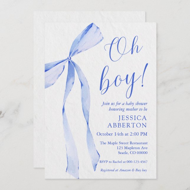 Convites Oh boy! Modern Blue bow baby shower (Frente/Verso)