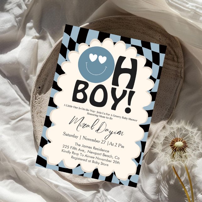 Convites Oh Boy! Modern Groovy Blue Happy Face Baby Shower (Criador carregado)