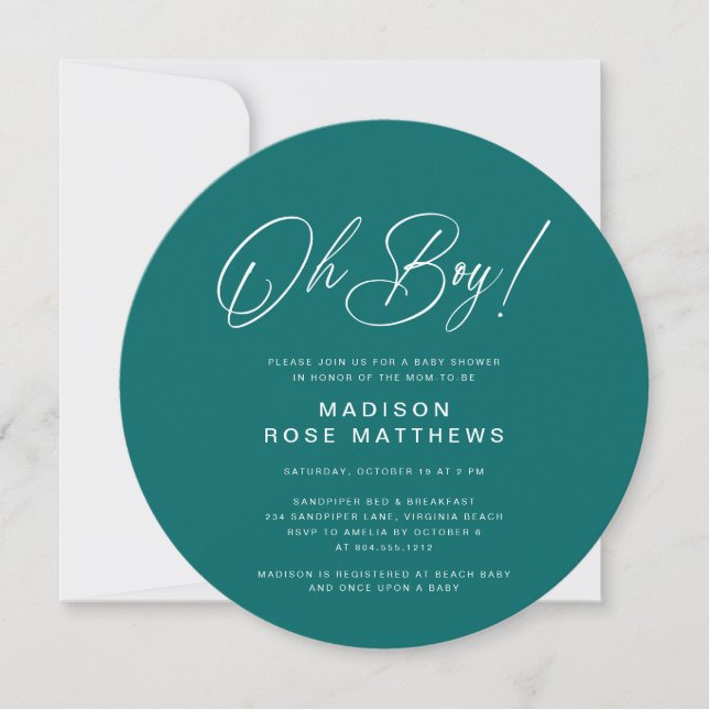 Convites Oh Boy Modern Round  Script Teal  Baby Shower   (Frente)