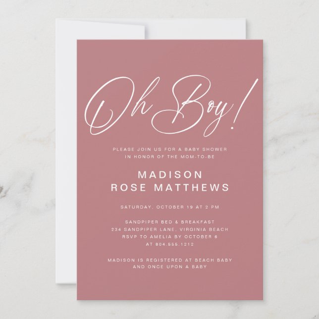 Convites Oh Boy Modern Script Dusty Rose Baby Shower  (Frente)