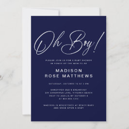 Convites Oh Boy Modern Script Navy Blue  Baby Shower 