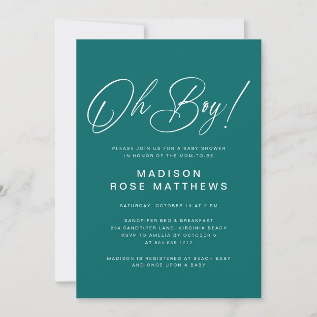 Convites Oh Boy Modern Script Teal  Baby Shower   (Frente)