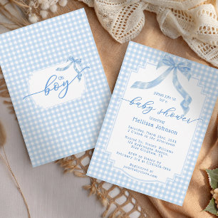 Convites Oh Boy Pale Blue Gingham Xadrez Chá de fraldas