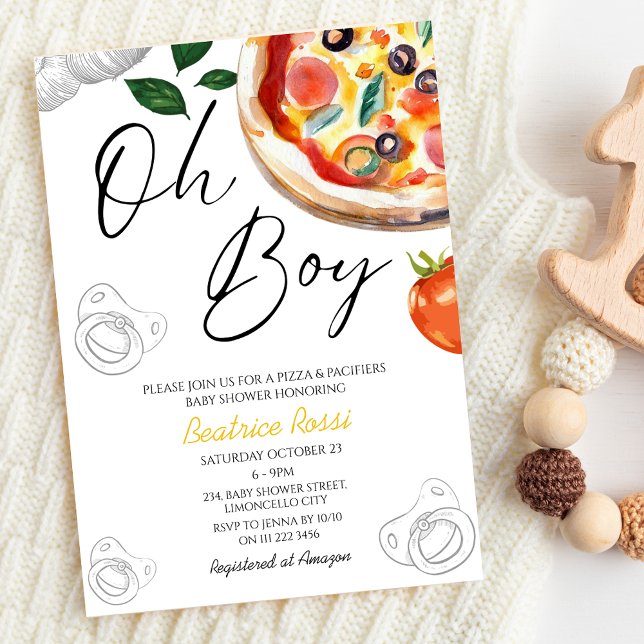 Convites Oh Boy Pizza Pacificadores Chá de fraldas Italiano (Oh Boy Pizza Pacifiers Italian Baby Shower Invitation)