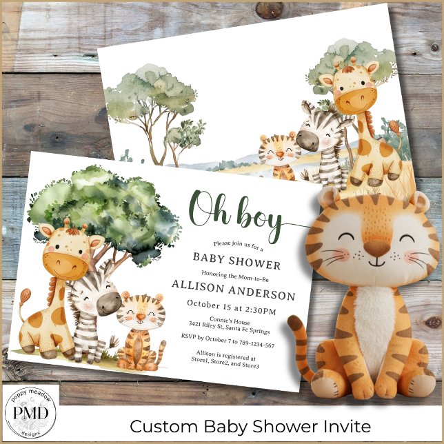 Convites Oh Boy Safari Animal Chá de fraldas (Oh Boy Safari Animal Watercolor Baby Shower Invitation with Giraffe, Zebra, Tiger, for mom or couple)