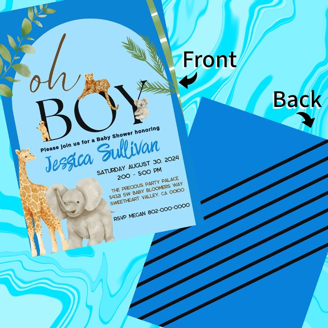 Convites Oh Boy Safari Shades Animais de Chá de fraldas Azu (Blue Safari Baby Shower Oh Boy Invite)