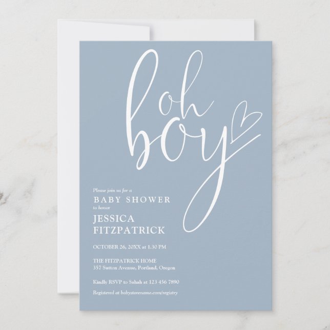 Convites Oh Boy Script Heart Dusty Blue Boy Baby Shower (Frente)
