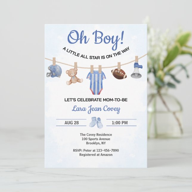 Convites Oh Boy Sports Baby Shower (Em pé/Frente)