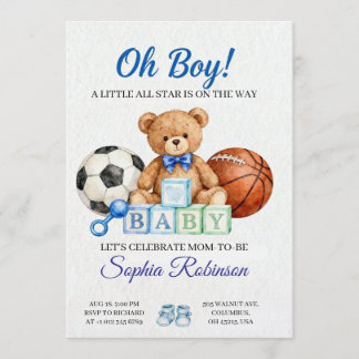 Convites  "Oh Boy" Watercolor  Baby Shower Invitation