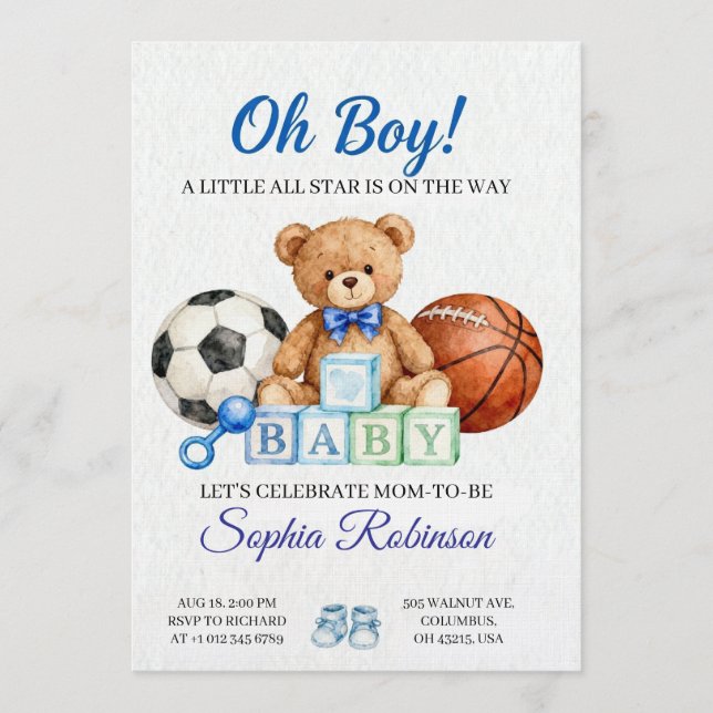 Convites  "Oh Boy" Watercolor  Baby Shower Invitation (Frente)