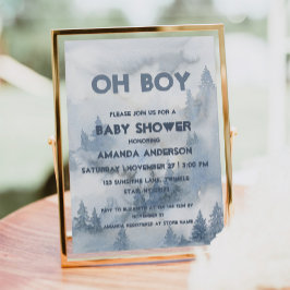 Convites Oh Boy Watercolor Dusty Blue Winter Forest Boy