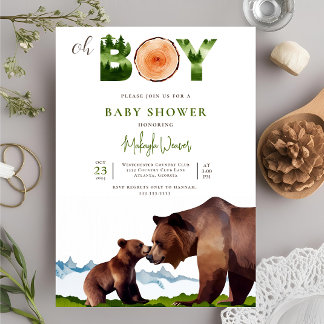 Convites Oh Boy Watercolor Woodland Bear Forest Chá de fral