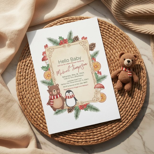 Convites Oh Boy Woodland Winter Baby Shower Invitation (Criador carregado)