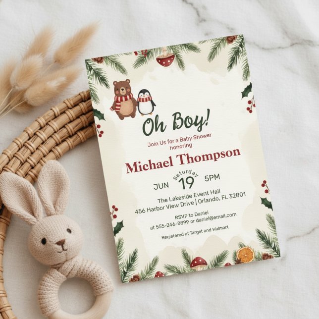 Convites Oh Boy Woodland Winter Baby Shower Invitation (Celebrate a little boy on the way with this charming woodland winter baby shower design)