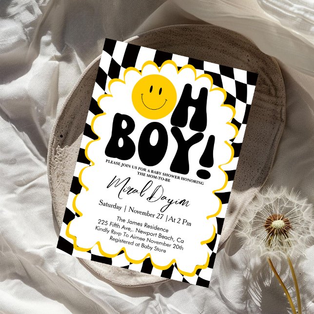 Convites Oh Boy! Yellow Checkered Happy Face Baby Shower (Criador carregado)