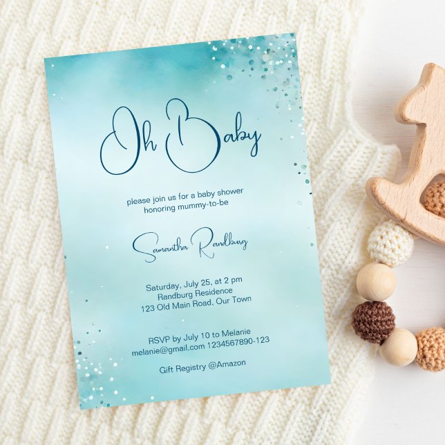 Convites Oh, chá de fraldas azul aqua de bebê (Oh baby cyan aqua blue baby shower invitation template digital download simple minimalist modern)