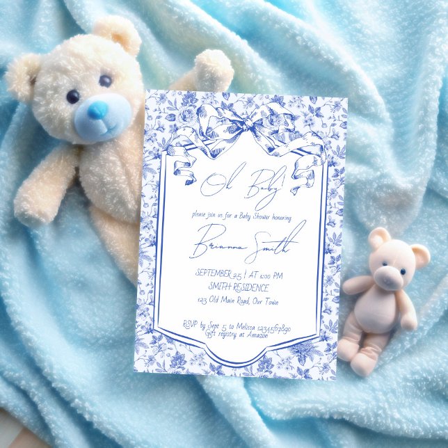 Convites Oh chá de fraldas de desenho de joy toile azul (Oh baby blue toile de jouy ribbon bow sketch baby shower invitation template)