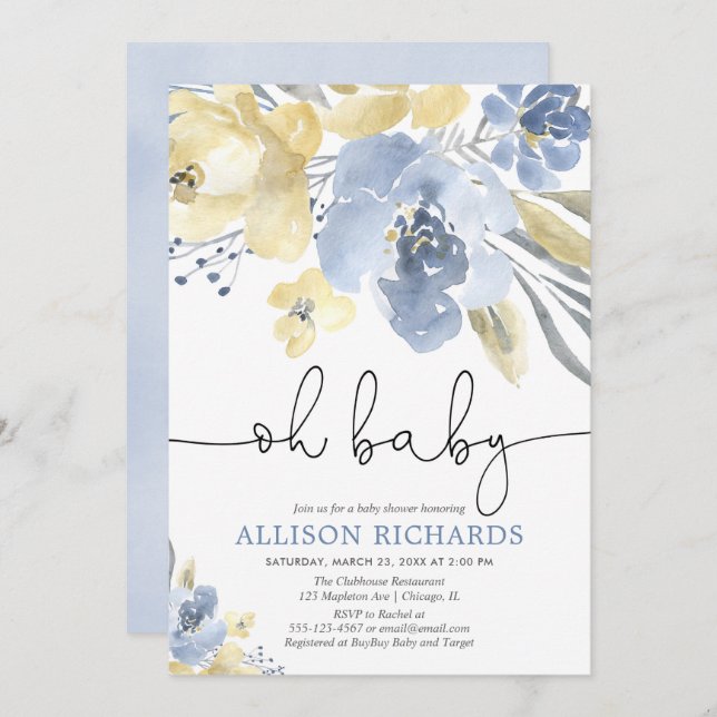 Convites Oh chá de fraldas floral amarelo azul empoeirado (Frente/Verso)