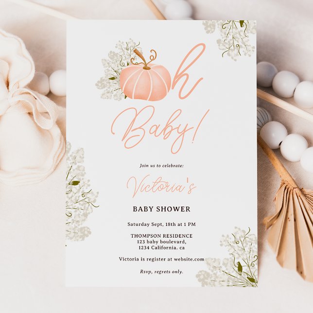 Convites Oh chá de fraldas floral de abóbora rosa-bebê (Oh Baby pink pumpkin floral girl baby shower Invitation)