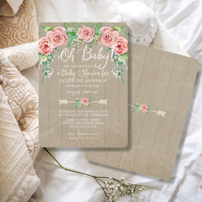 Convites Oh Chá de fraldas Garota Flor Crown Barn Conselhos (Criador carregado)
