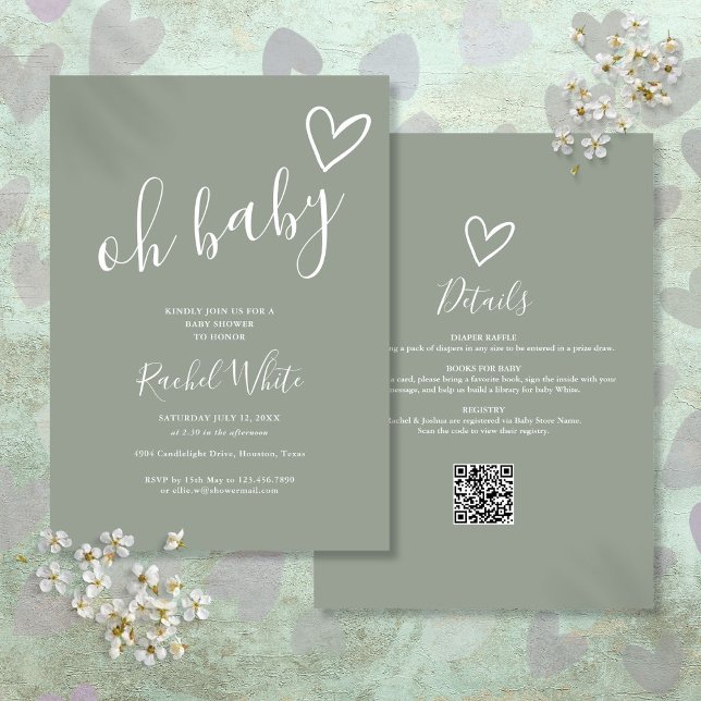 Convites Oh Chá de fraldas Tudo Em Um Sábio Neutro Verde (Oh Baby Shower All In One Neutral Sage Green Invitation)