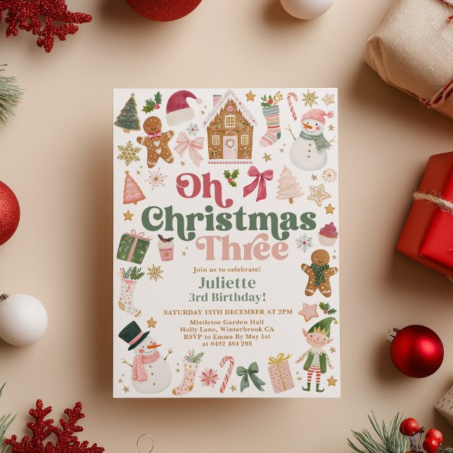 Convites Oh Christmas Three 3rd Birthday Xmas theme Festive (Oh Christmas Three! Christmas themed 3rd birthday party Kids party)