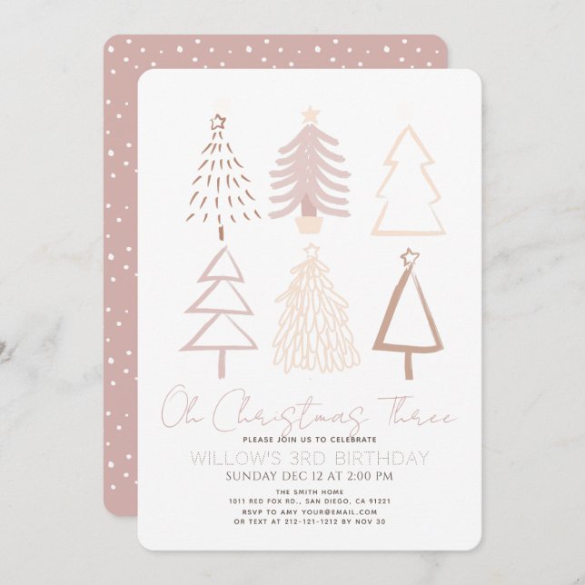 Convites Oh Christmas Three Boho Pink Trees 3rd Birthday (Frente/Verso)