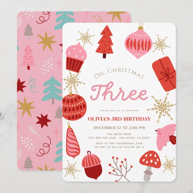 Convites Oh Christmas Three Christmas Pink 3rd Birthday (Frente/Verso)