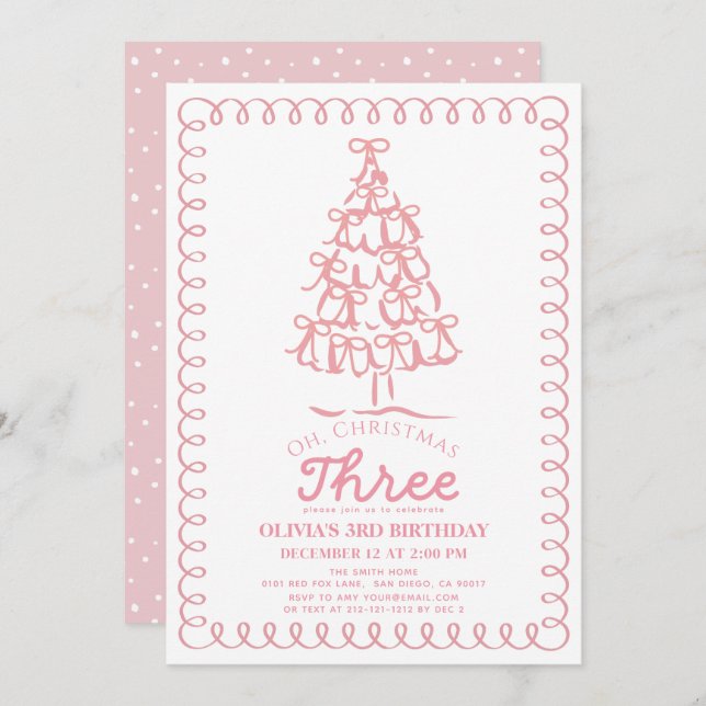 Convites Oh Christmas Three Pink Bow Tree 3rd Birthday (Frente/Verso)