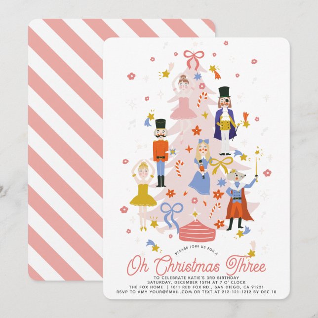 Convites Oh Christmas Three Pink Nutcracker Girl Birthday (Frente/Verso)
