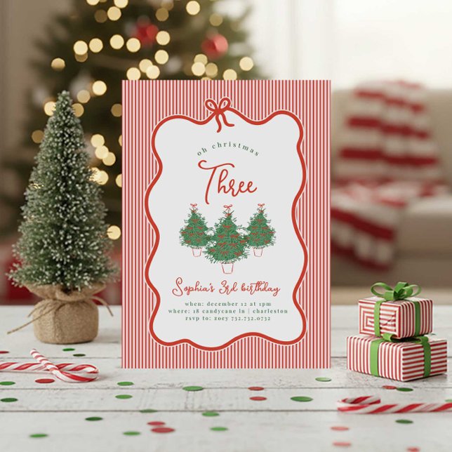 Convites Oh Christmas Three Vintage Preppy Bow Birthday (Criador carregado)