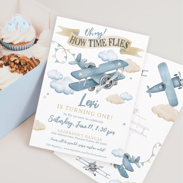 Convites Oh, como o tempo voa Festa de primeiro aniversario (Cute watercolor airplane aviation clouds sky theme Time Flies boy 1st birthday party invitation)