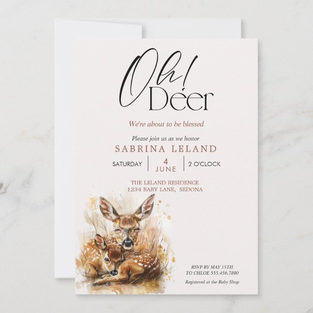 Convites Oh Deer! Aquarela de um filhote e uma corça no Chá (Frente)