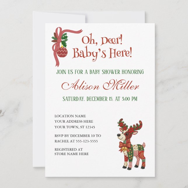 Convites Oh, Deer! Baby’s Here! – Christmas Baby Shower (Frente)