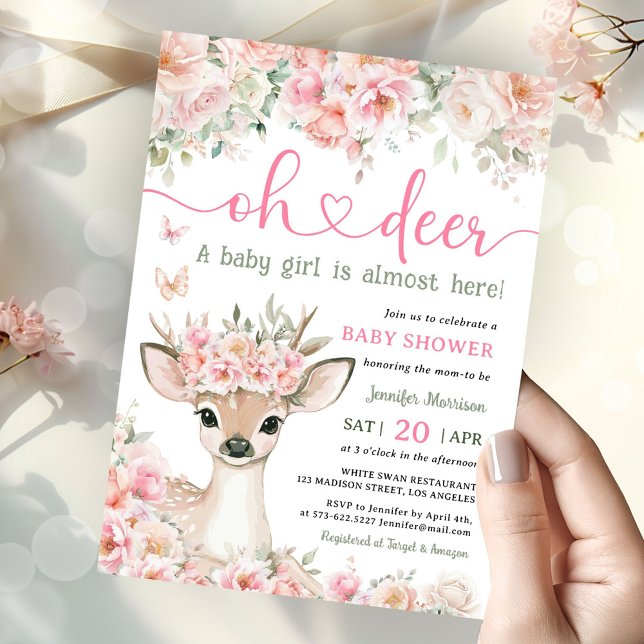 Convites Oh Deer Baby Shower Girl Pink Fawn  (Criador carregado)