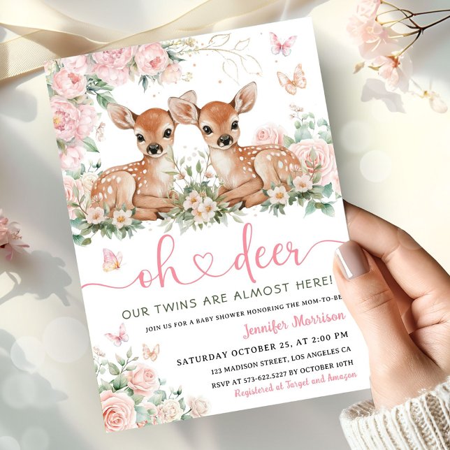 Convites Oh Deer Twin Girls Baby Shower Pink Invitation (Criador carregado)