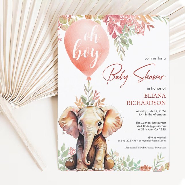 Convites Oh garoto elefante, chá de fraldas de balão de out (Oh boy elephant autumn balloon baby shower invitation)