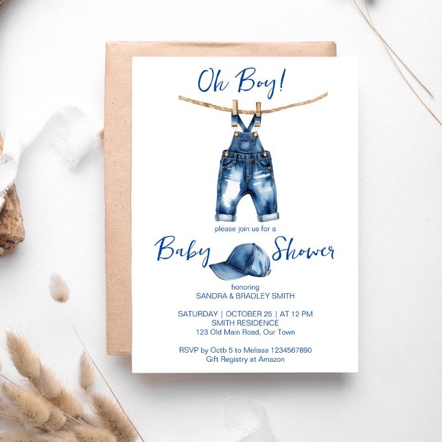 Convites Oh garoto jeans azul chá de fraldas (Oh boy blue jeans baby shower template invitation digital download baby jeans on a line sports cap)