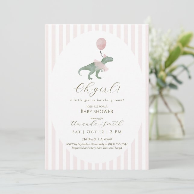 Convites Oh Girl Dinosaur Baby Shower Invitation (Em pé/Frente)