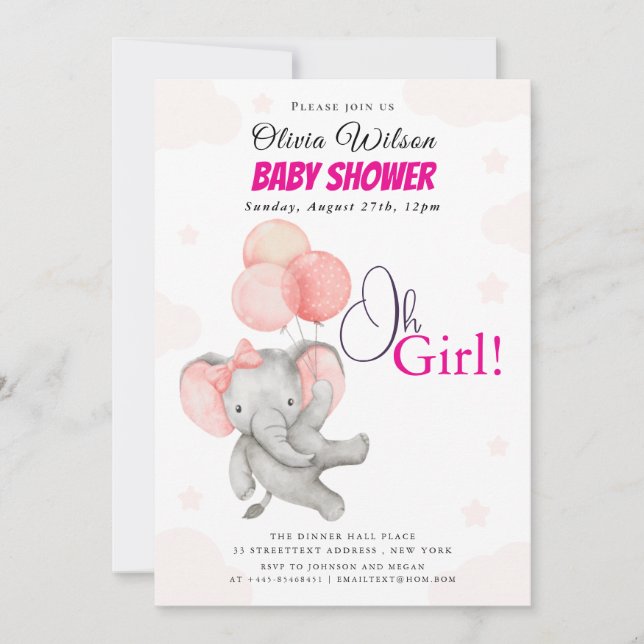 Convites Oh Girl Elephant Baby Shower Invitation (Frente)