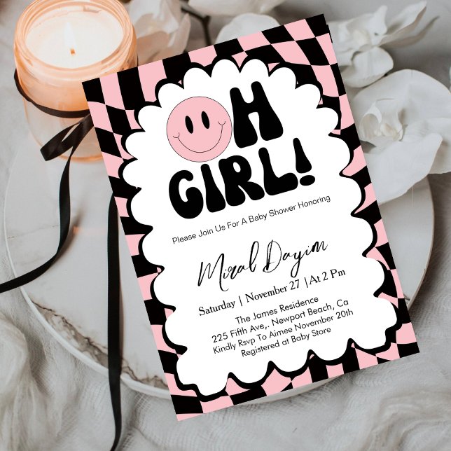 Convites Oh Girl! Pink Checkered Happy Face Baby Shower (Criador carregado)
