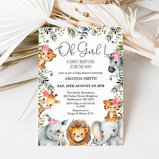 Convites Oh Girl Safari Chá de fraldas (Sweet girl safari baby shower invitation featuring seven jungle animals, foliage and pink flowers.)
