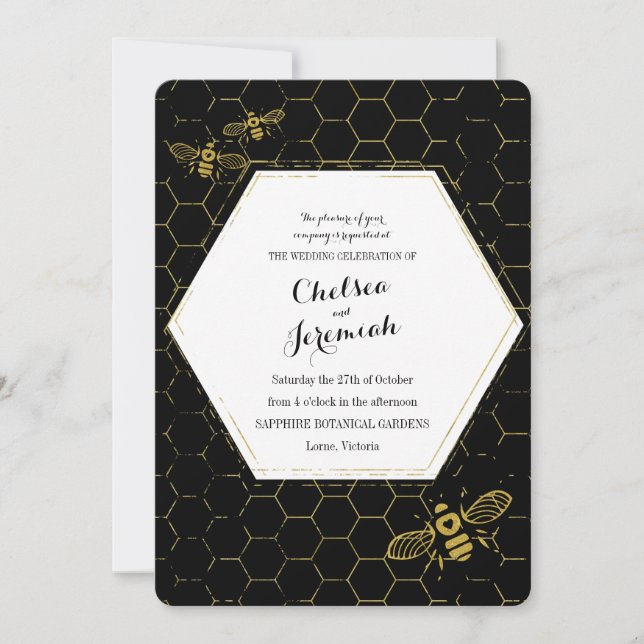 Convites Oh Honey Bee Black Dourado Casamento Personalizado (Frente)