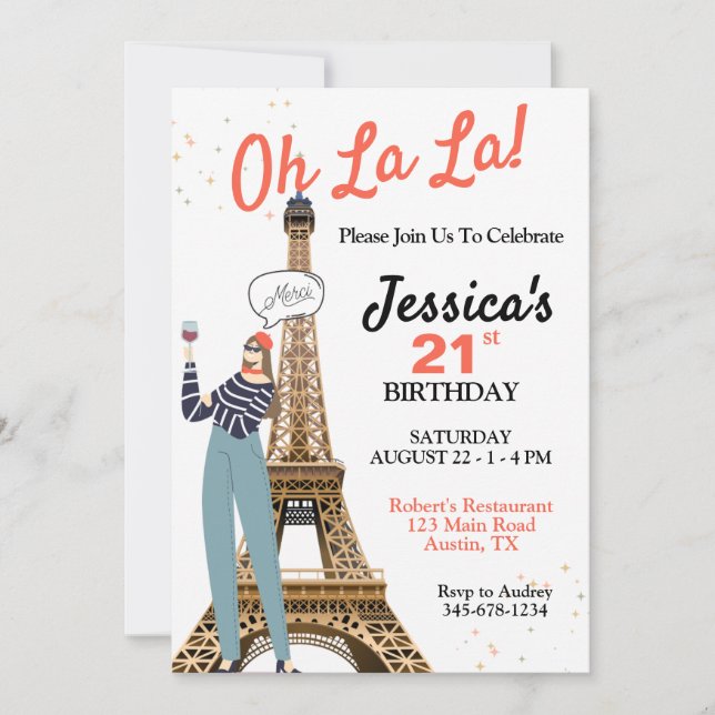 Convites Oh La La Any Age Paris Theme Birthday (Frente)