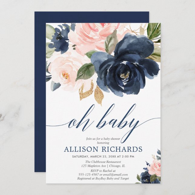 Convites Oh, marinho de chá de fraldas de menina azul e flo (Frente/Verso)