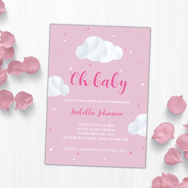 Convites Oh, Menina Rosa Nuvens Rosa Chá de fraldas das Est (oh baby girl pink clouds baby shower invitation)