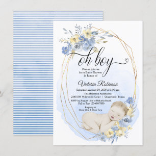 Convites Oh Menino Azul Dourado Aquarela Menino Chá de Bebê